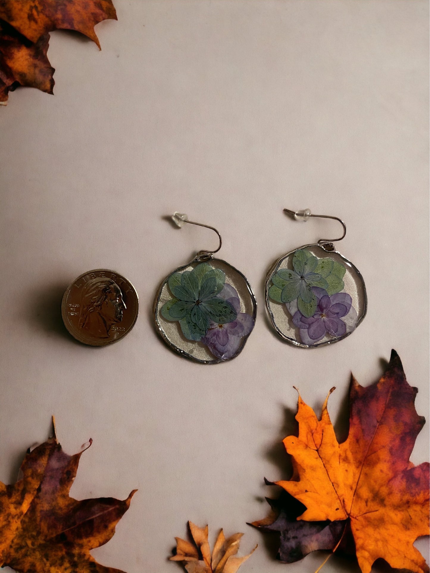 Green and Purple Double Petal Hydrangea Earrings