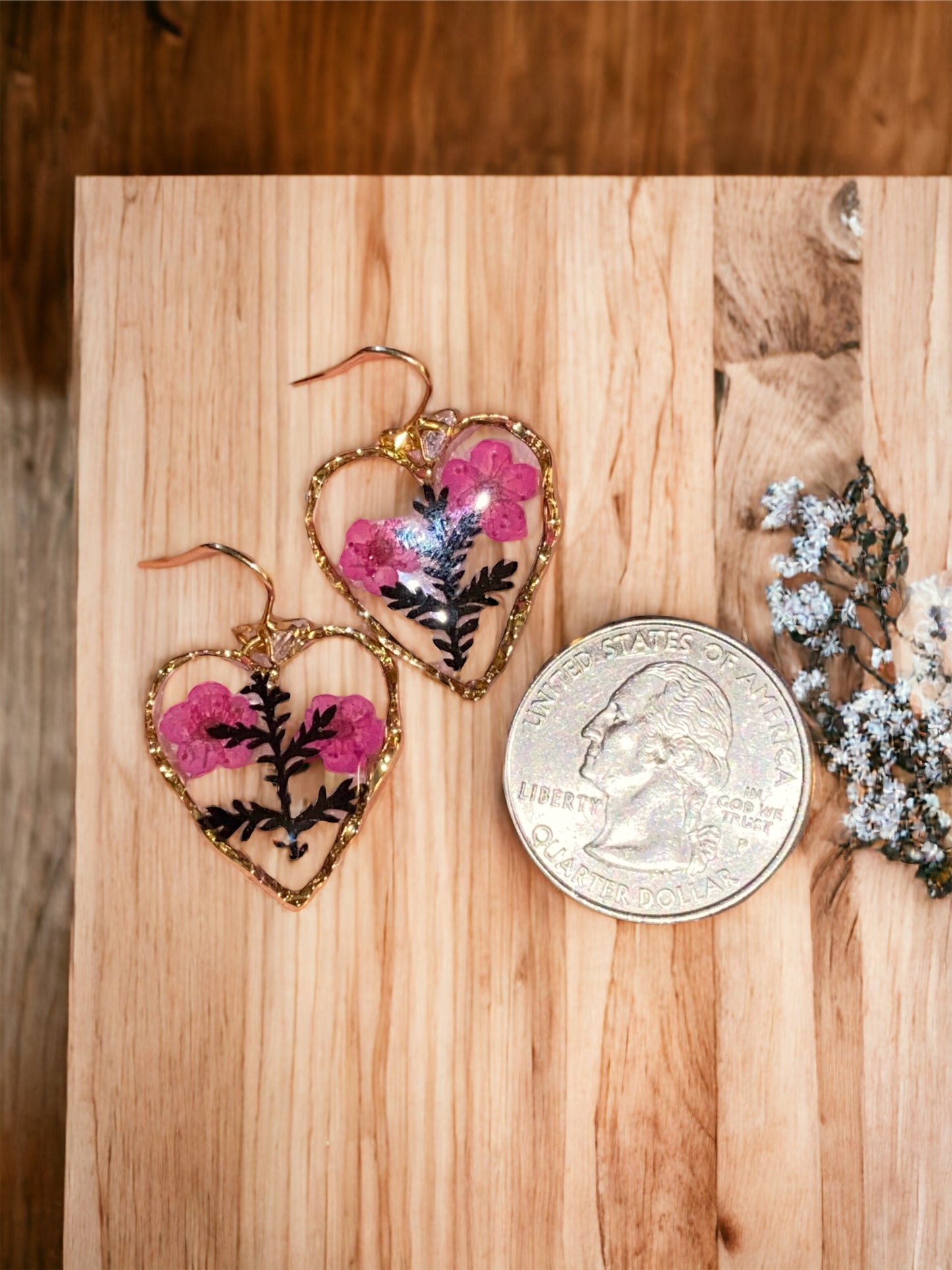 Pink Plum Blossoms with Black Dyed Fern Earrings