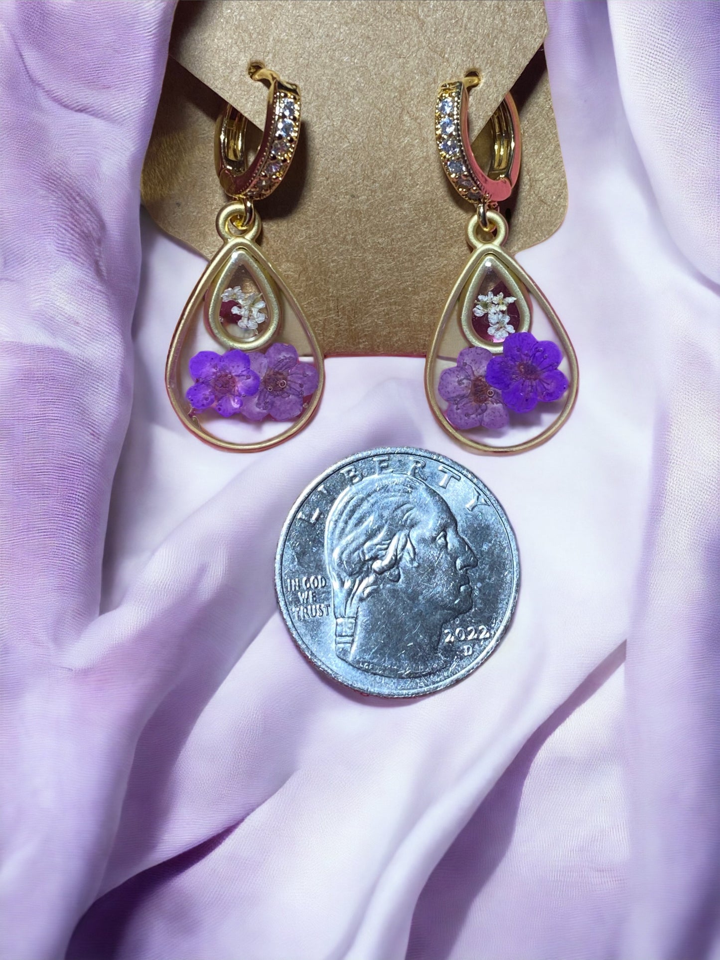 Purple Plum Blossom Flower with White Queen Anne’s Lace Flower Earrings