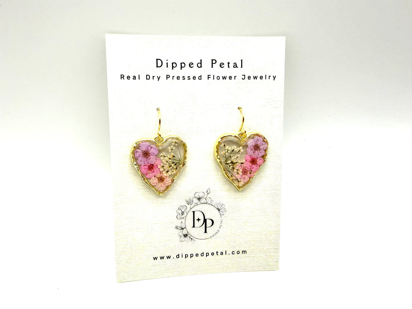 Heart Shaped Earrings with Light Pink, Bubble Gum Pink,and Purple Plum Blossoms and Queen Anne’s Lace
