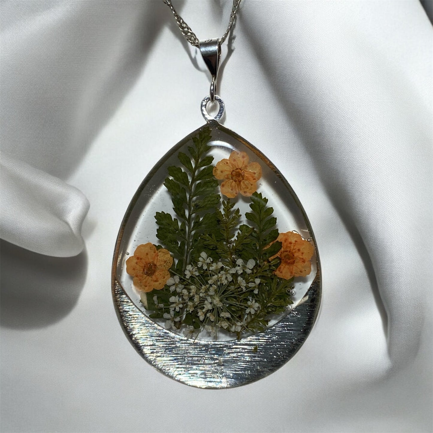 Dry Pressed Fern with Orange Plum Blossoms and Queen Anne’s Lace