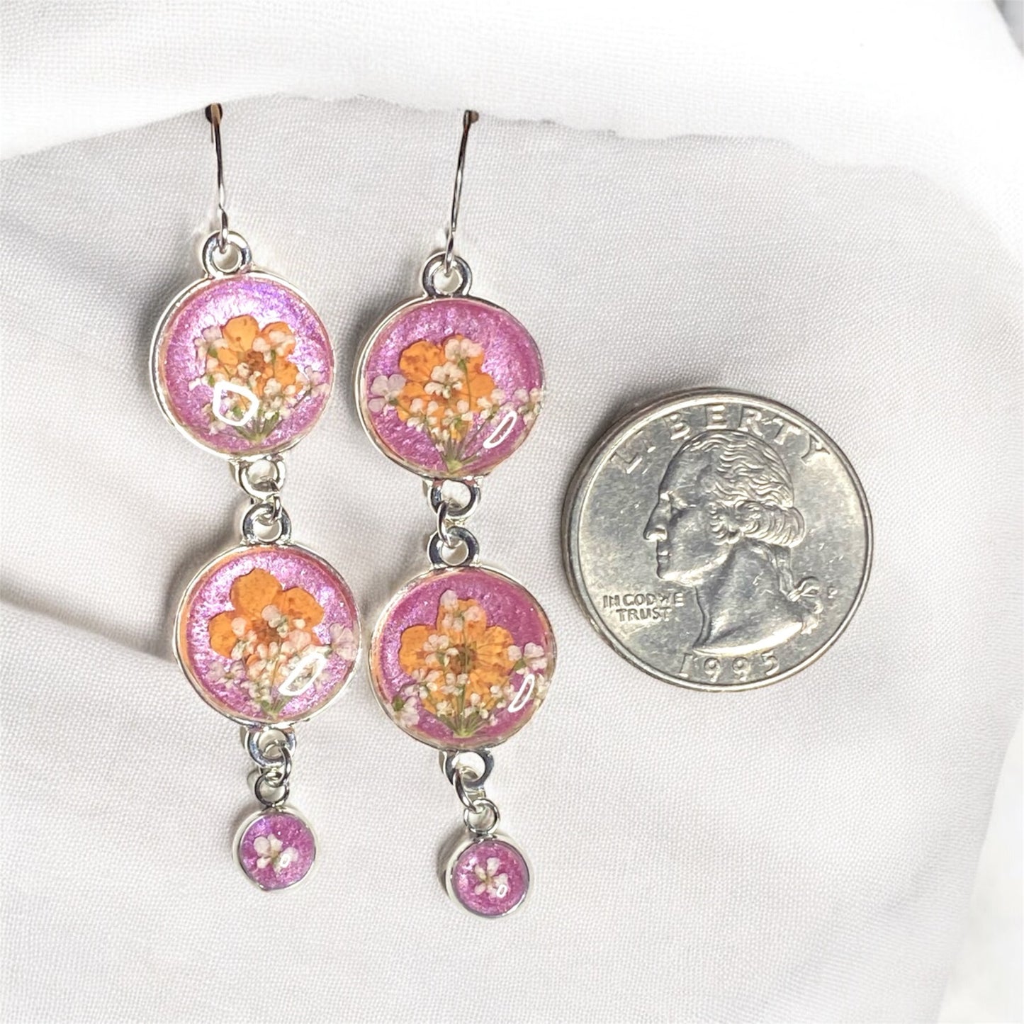 Pink Colored Mica Powder Dangle Earrings with Orange Plum Blossoms and Queen Anne’s Lace