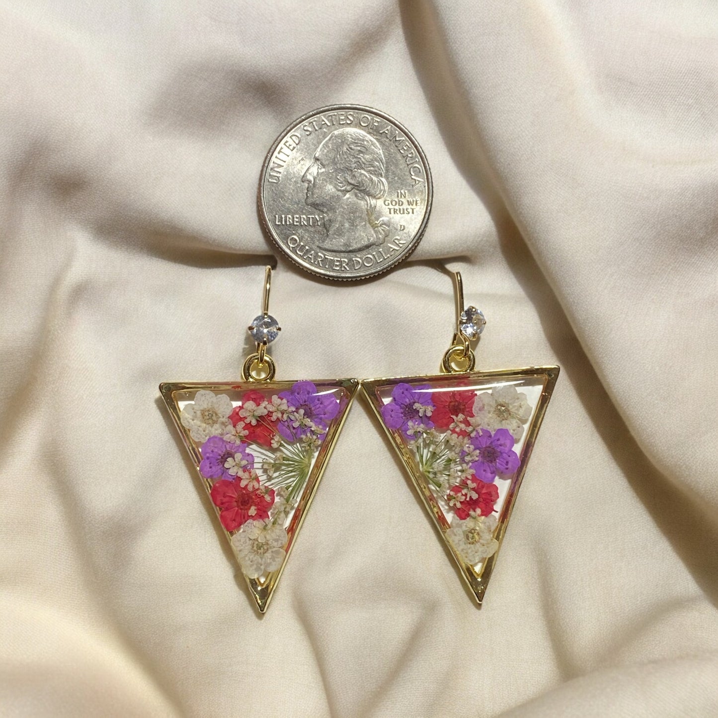 Purple, Red and White Plum Blossom Flowers with Queen Anne’s Lace Earrings