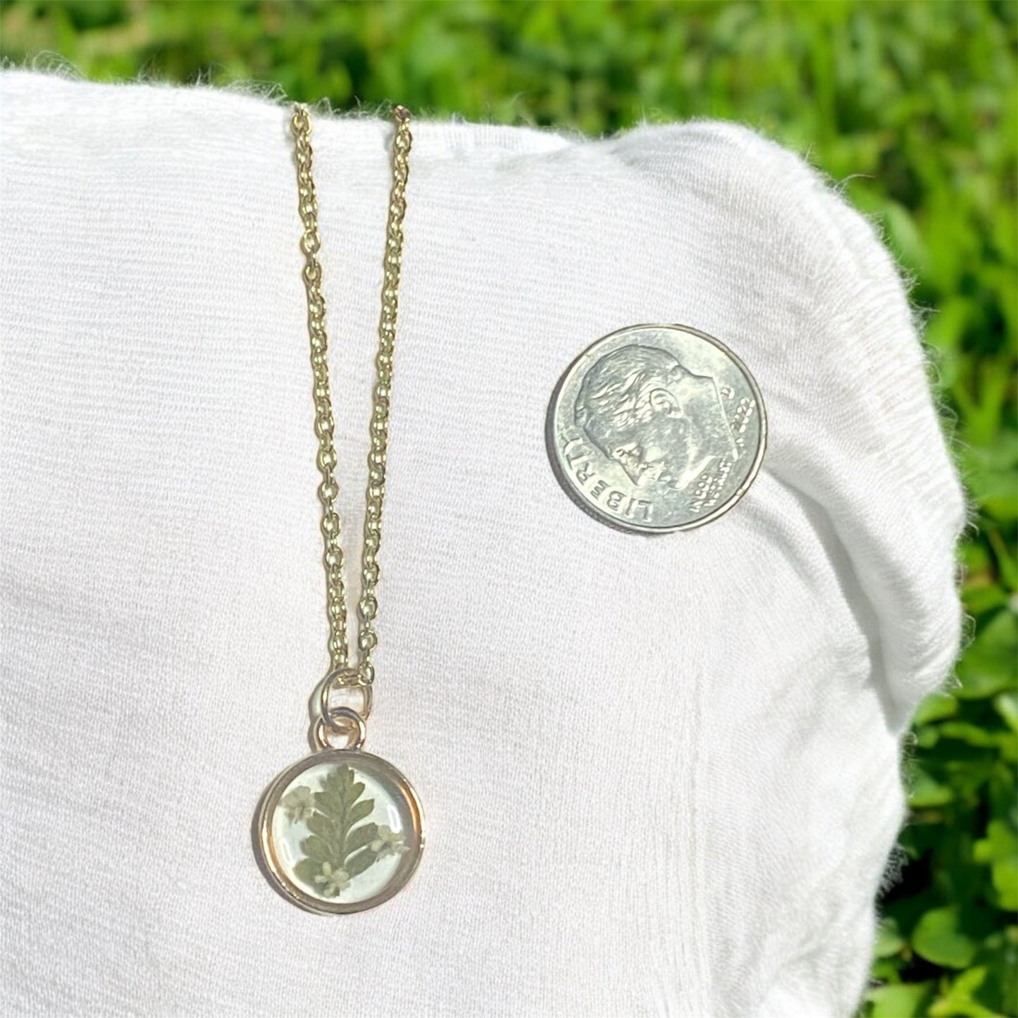 Dainty Rose Gold Bezel with Dry Pressed Fern with Pieces of Queen Anne’s Lace on a Brass Chain