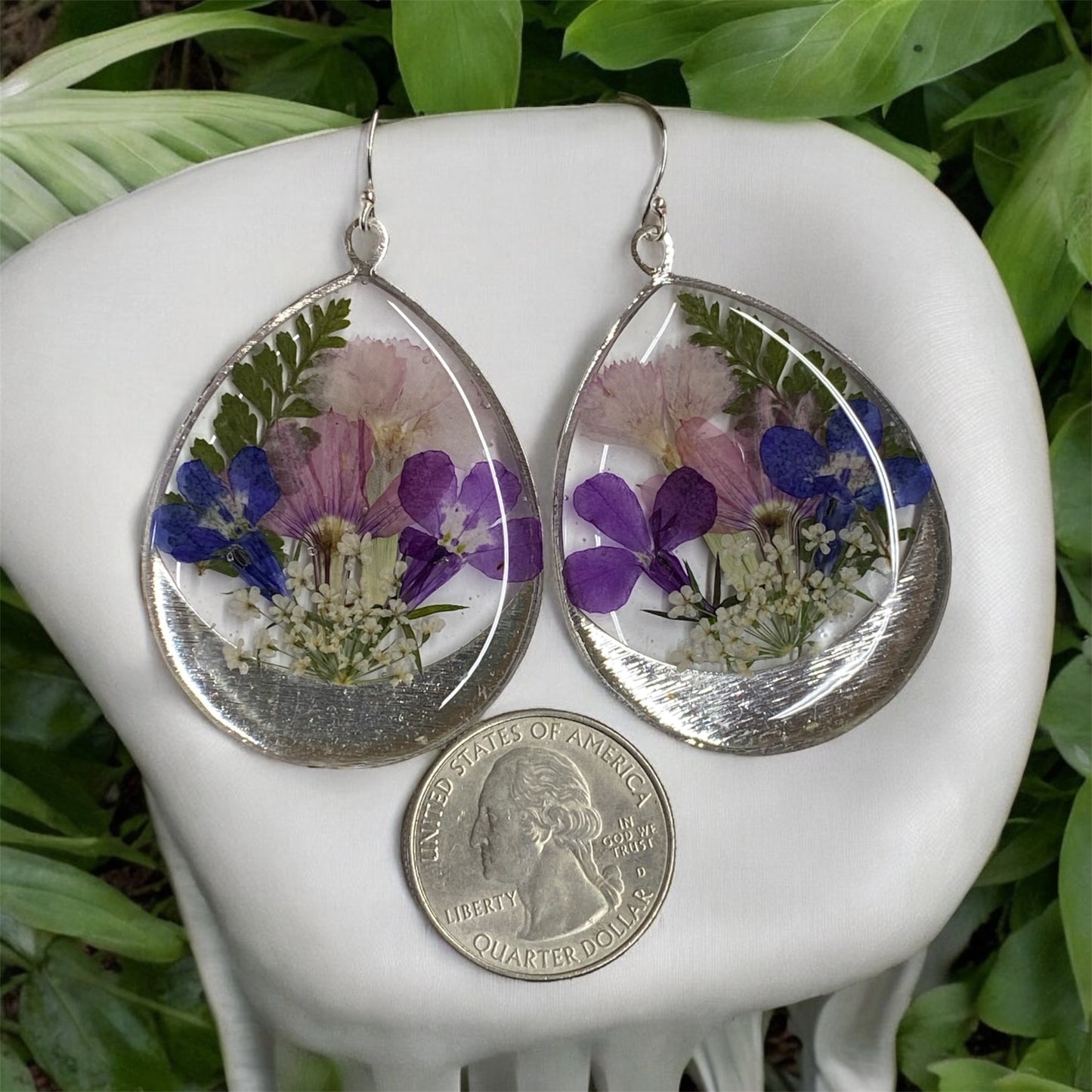 Dry Pressed Fern, Carnation, Queen Anne’s Lace, Purple and Blue Flowers with Pink Fairy Fan