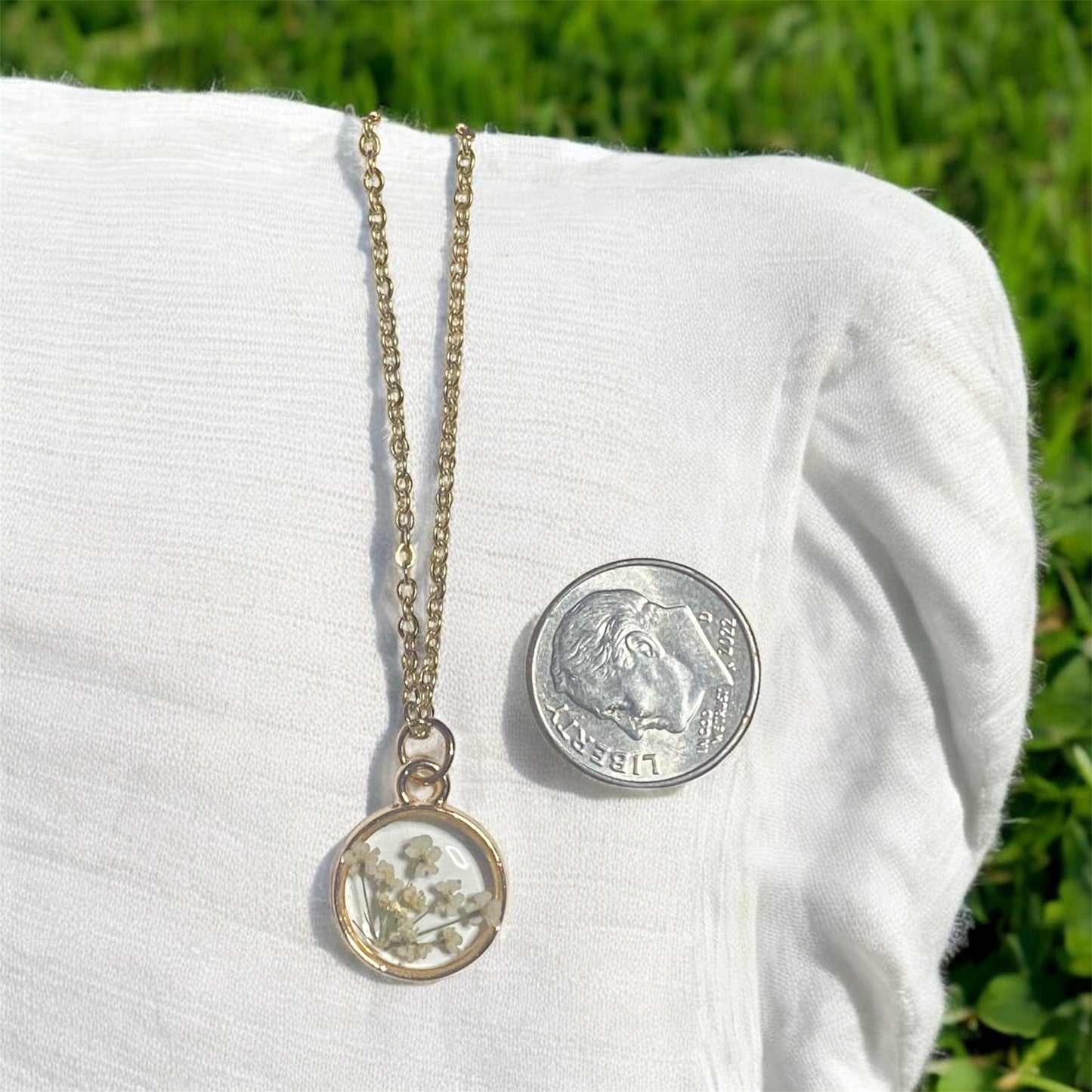 Dainty Rose Gold Bezel with Queen Anne’s Lace on a Brass Chain