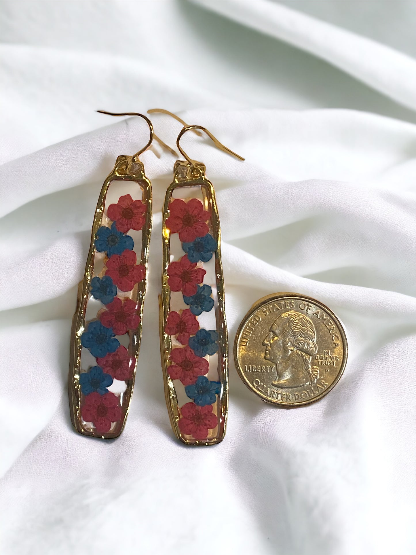 Hot Pink and Blue Plum Blossom Flower Earrings