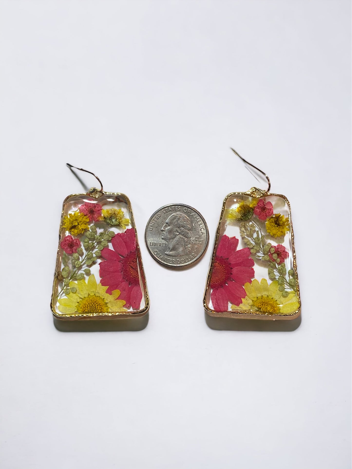 Red and Yellow Daisies with Pepperweed and Red Plum Blossom Flower Earrings