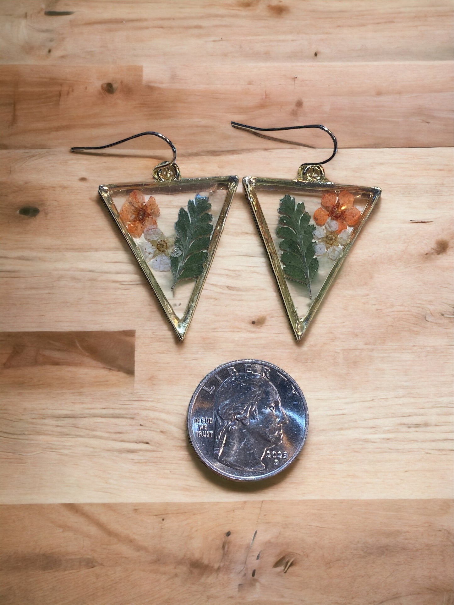 Orange and White Plum Blossoms with dried Fern Earrings
