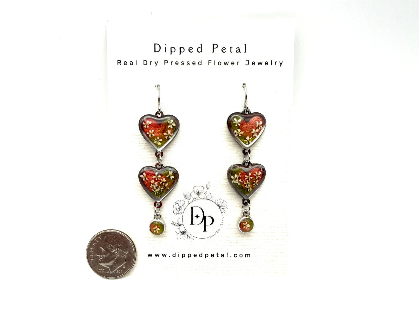Heart Shaped Stainless Steel Dangle Earrings - Coral Pink/Green