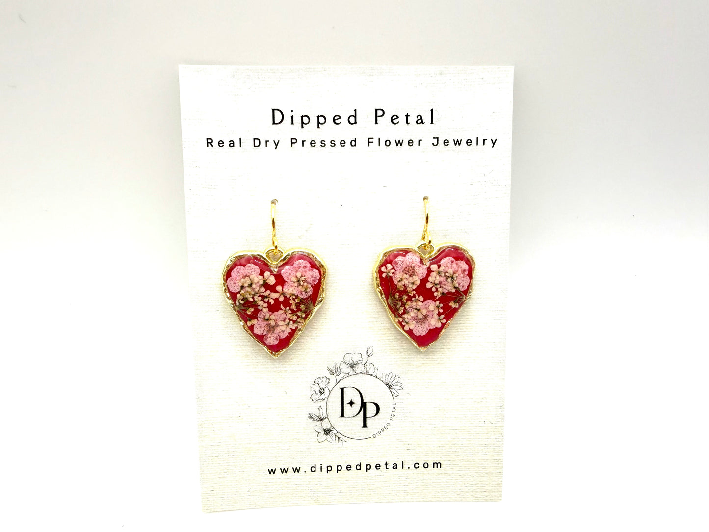 Heart Shaped Earrings with Red/Pink Colored Mica Powder, Light Pink Plum Blossoms Queen Anne’s Lace