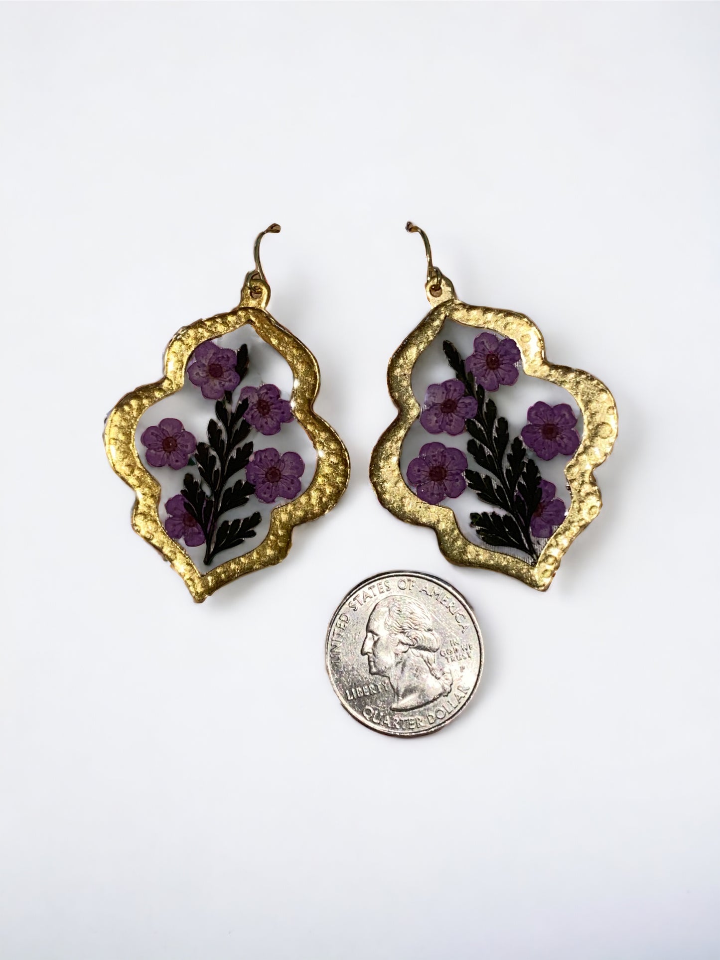 Black Dyed Fern with Purple Plum Blossoms Flowers set in a Brass Bezel