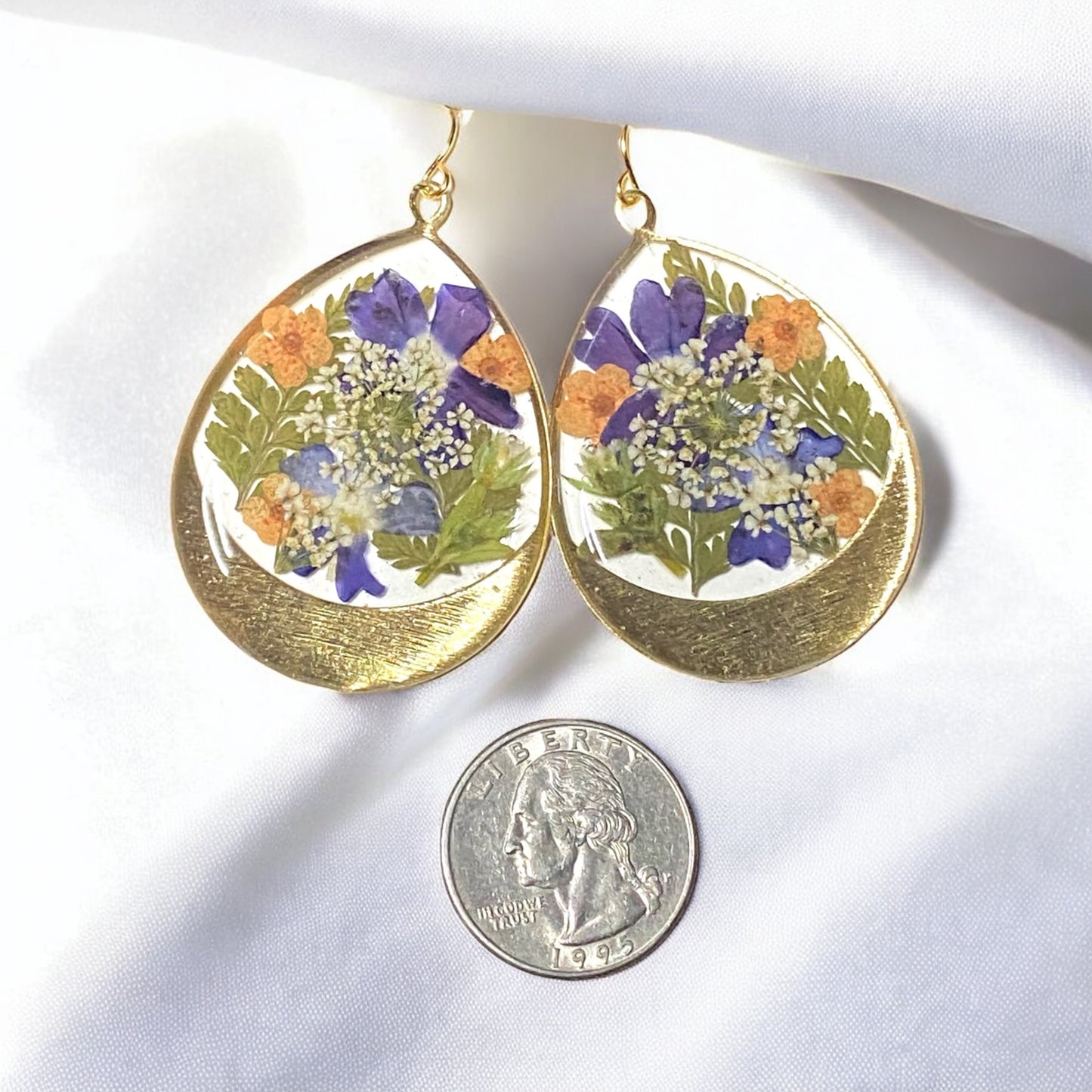 Dry Pressed Fern, Lobelia, Verbena, Wild Flower, Orange Plum Blossoms, and Queen Anne’s Lace