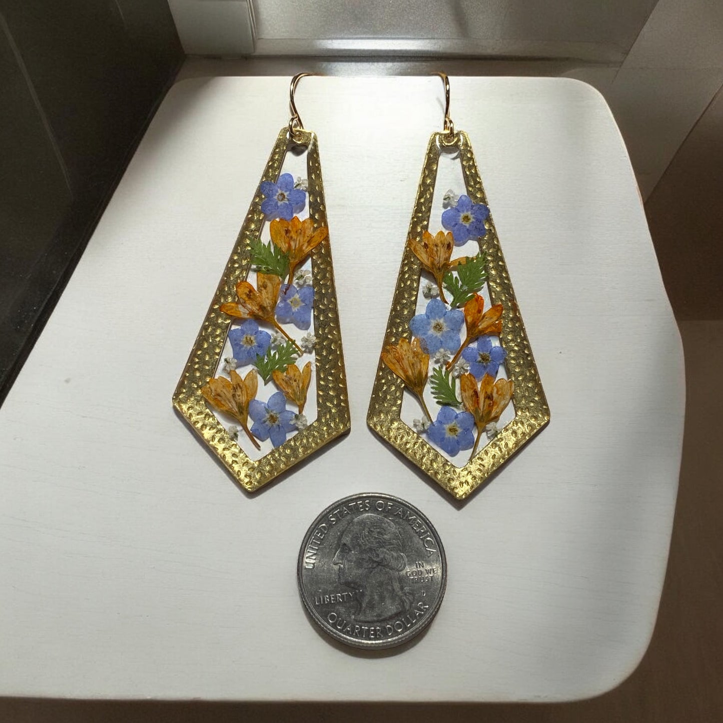 Blue Forget-Me-Nots, Orange Wild Flower with pieces of Dry Pressed Fern and Queen Anne’s Lace
