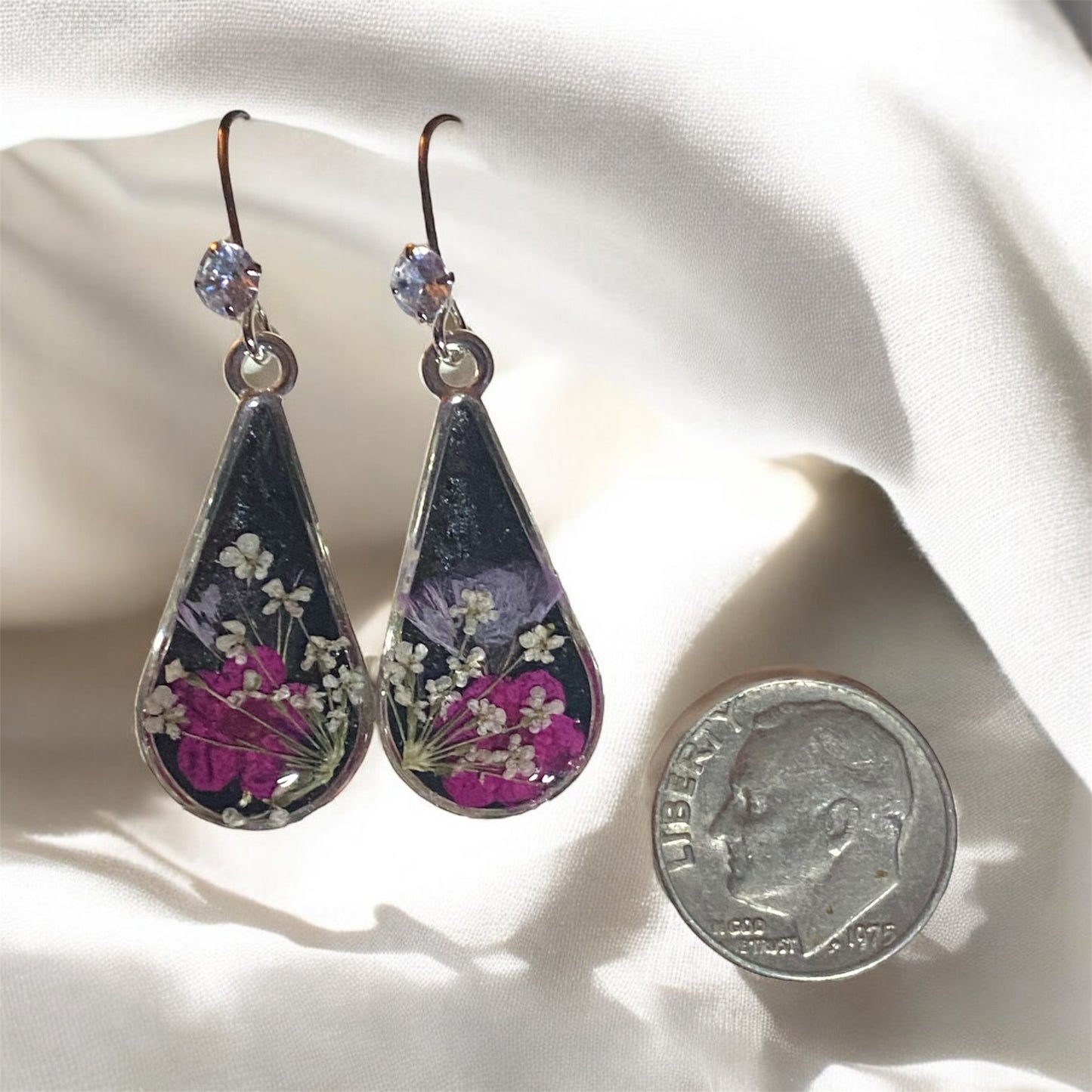 Black Mica Powder with Hot Pink Plum Blossoms, Purple Wild Flower and Pieces of White Queen Anne’s Lace
