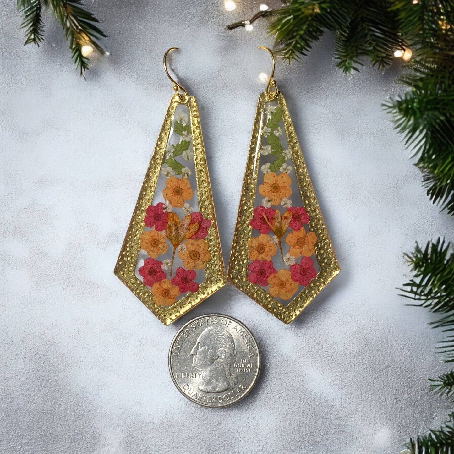 Dry Pressed Fern, pieces of Queen Anne’s Lace with Red and Orange Plum Blossoms