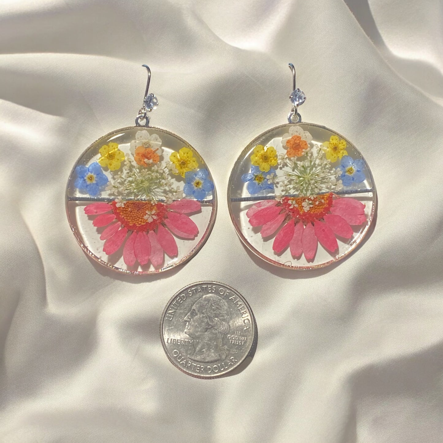 Red/Pink Daisy with Blue Forget-Me-Nots and Plum Blossoms with Queen Anne’s Lace