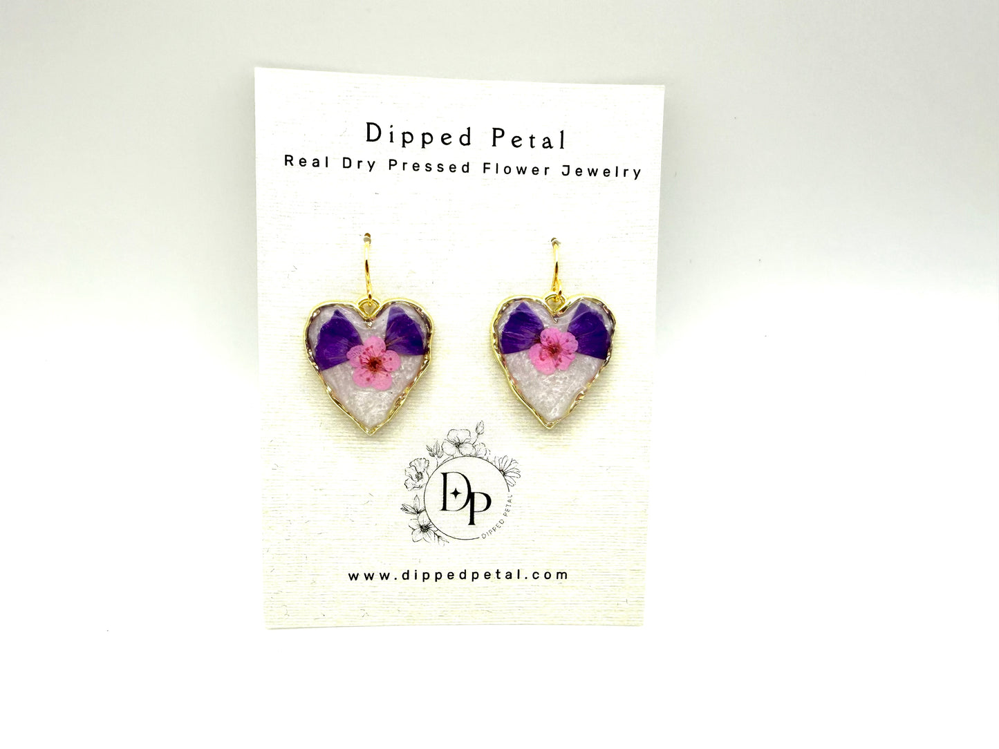 Heart Shaped Earrings with Opal Colored Mica Powder, Pink Plum Blossoms and Sea Lavender