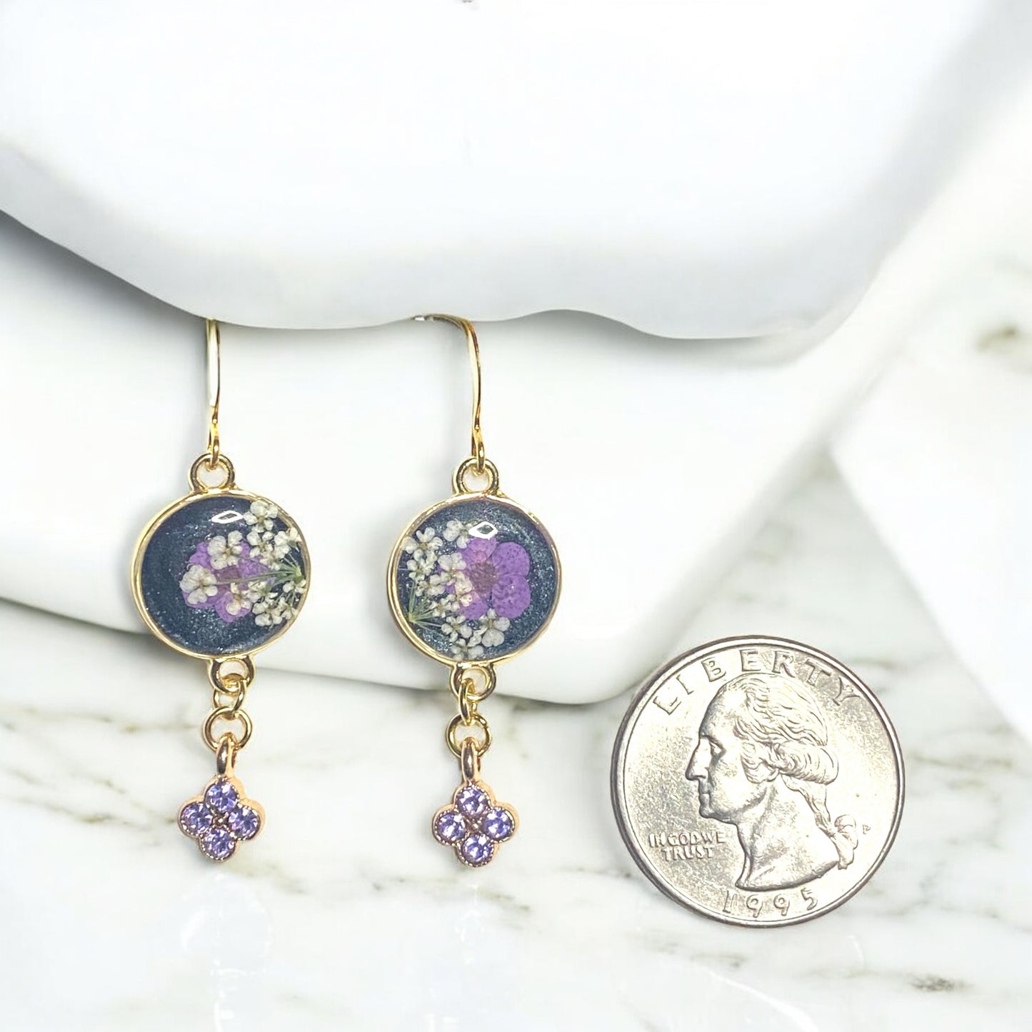Black Colored Mica Powder with Purple Plum Blossoms, Queen Annes Lace and a Purple Rhinestone Charm