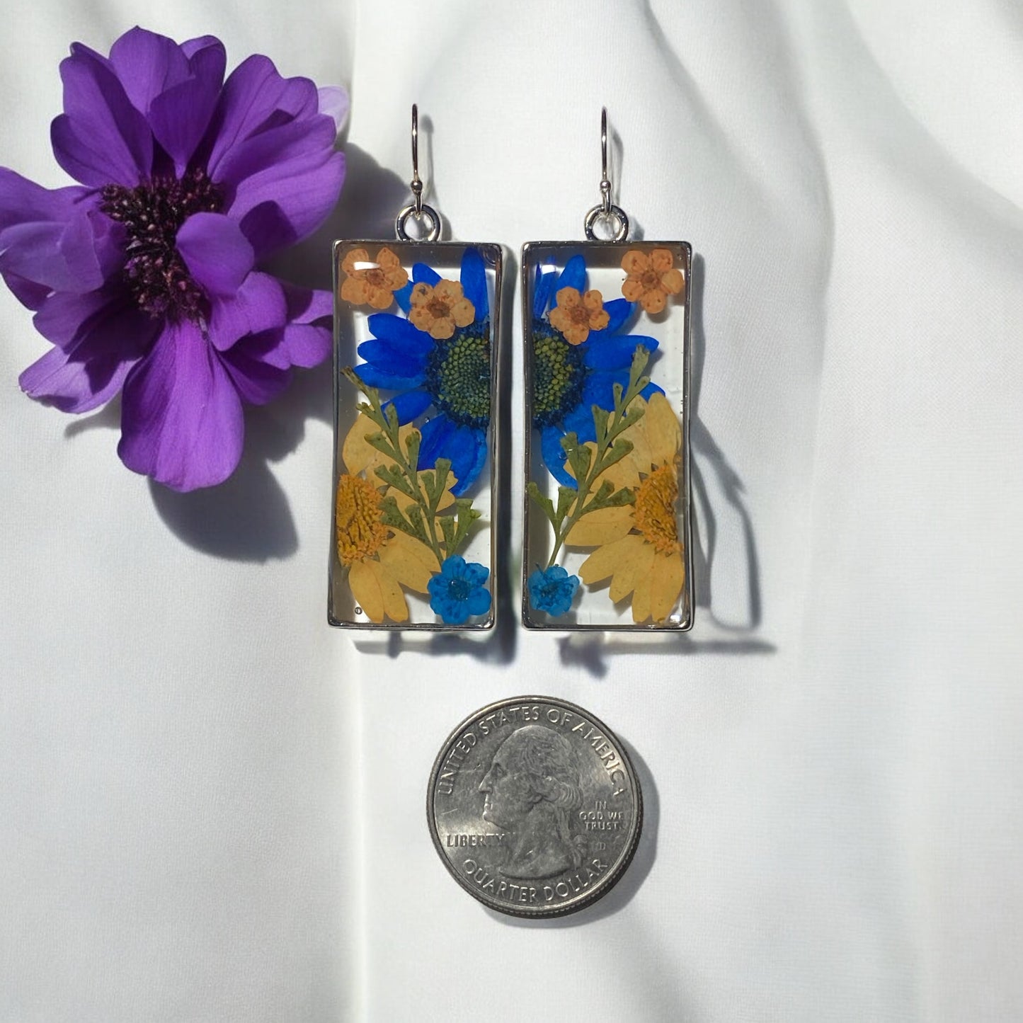 Split Orange and Blue Daisies, with Dry Pressed Fern, and Orange and Blue Plum Blossoms