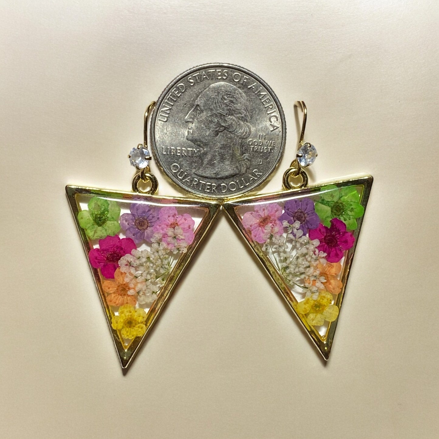 Light Pink, Purple, Green, Hot Pink, Orange and Yellow Plum Blossom Flowers with Queen Anne’s Lace Earrings