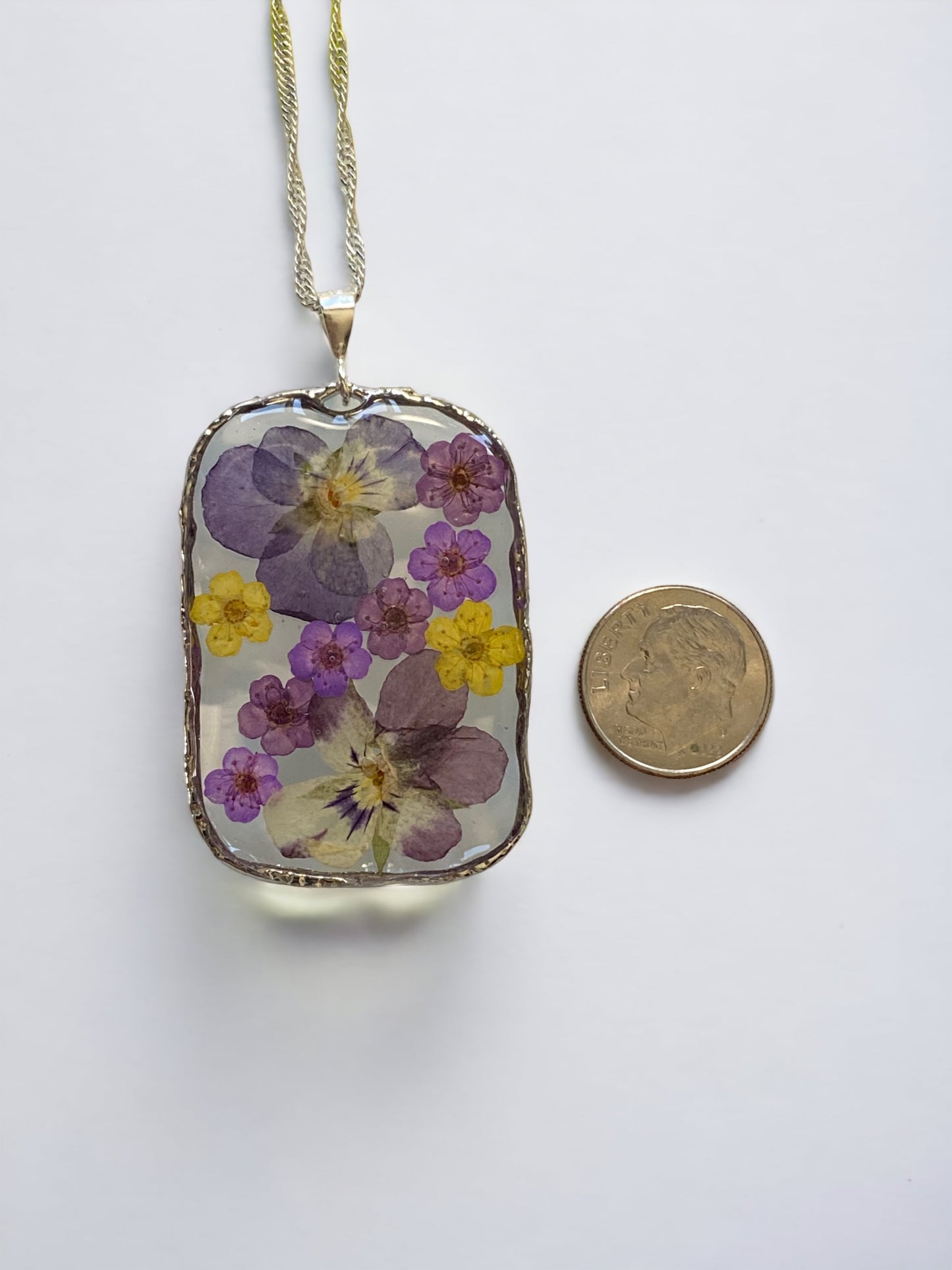 Purple Pansies with Dry Pressed Purple, and Yellow Plum Blossom Flowers Necklace