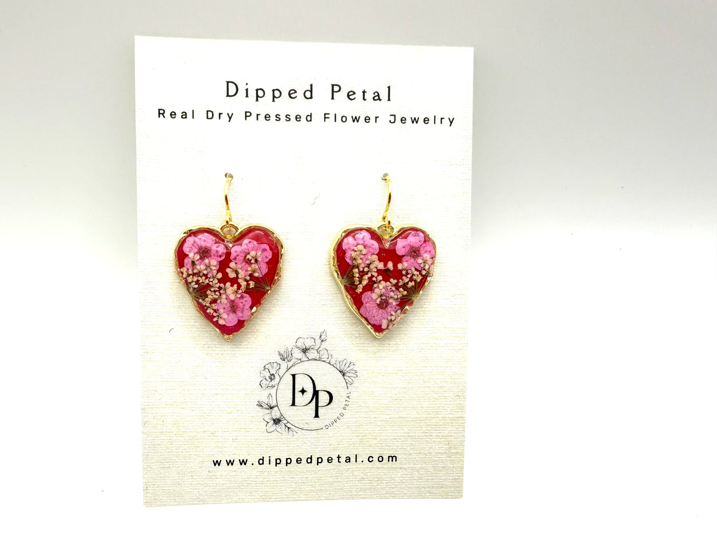 Heart Shaped Earrings with Red/Pink Colored Mica Powder, Pink Plum Blossoms Queen Anne’s Lace