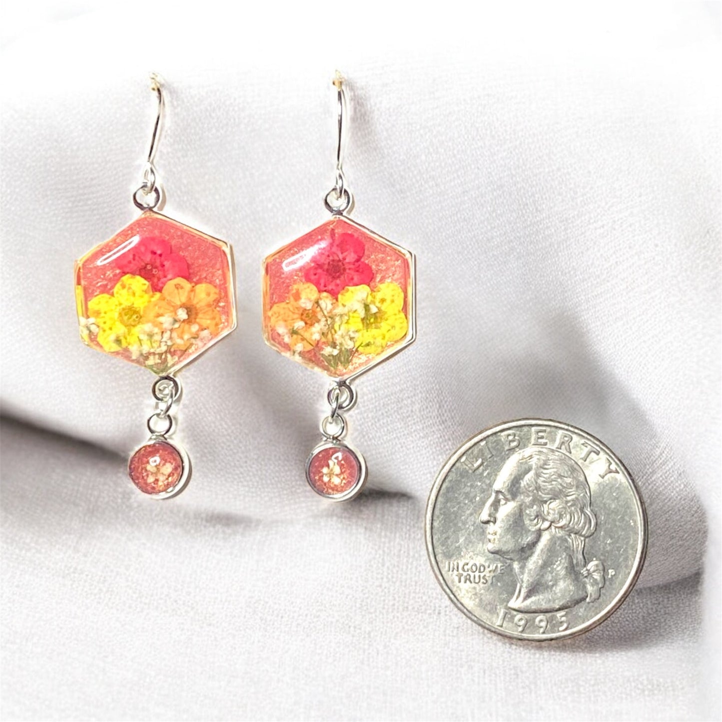 Coral Pink Colored Mica Powder (Single) Dangle Earrings with Orange, Yellow and Red Plum Blossoms and Queen Anne’s Lace