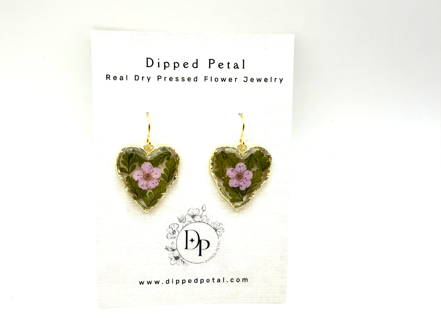 Heart Shaped Earrings with Light Purple Plum Blossoms, and Pieces of Fern