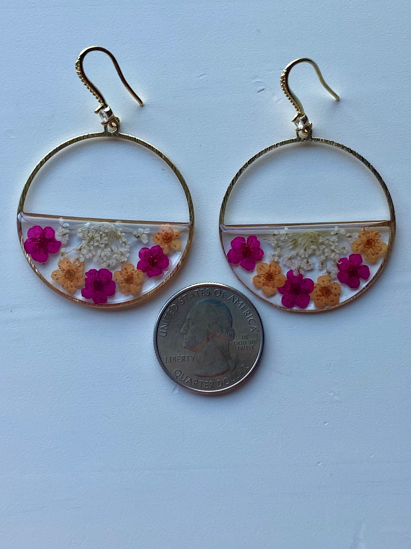 Hot Pink and Orange Plum Blossom Flowers with White Queen Anne’s Lace Earrings