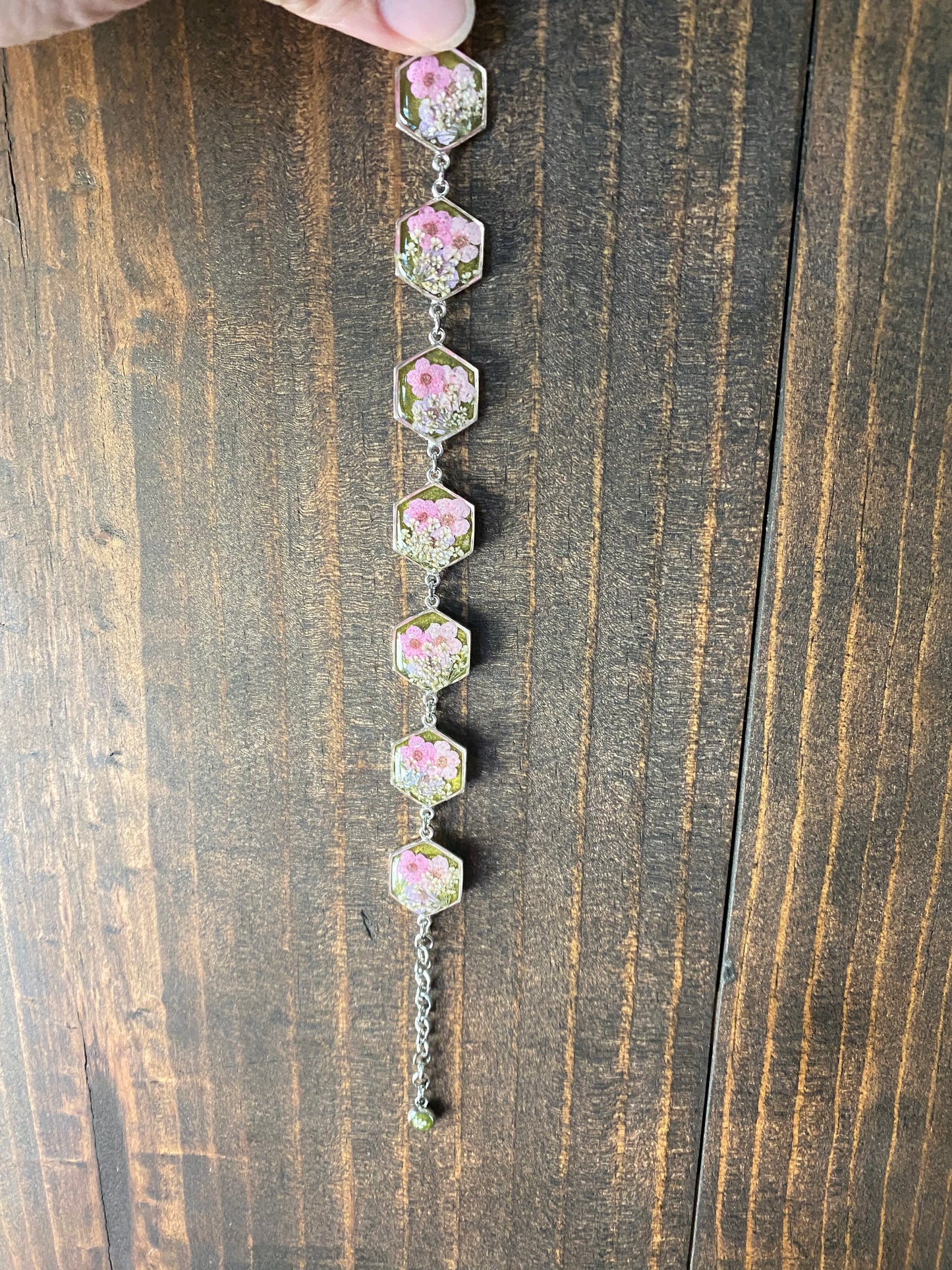 Groovy Green Mica Powder with Pink Plum Blossoms and pieces of Queens Anne’s Lace