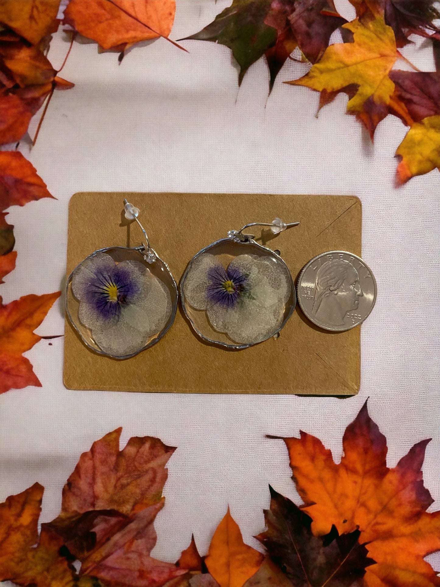 White and Purple Pansy Earrings