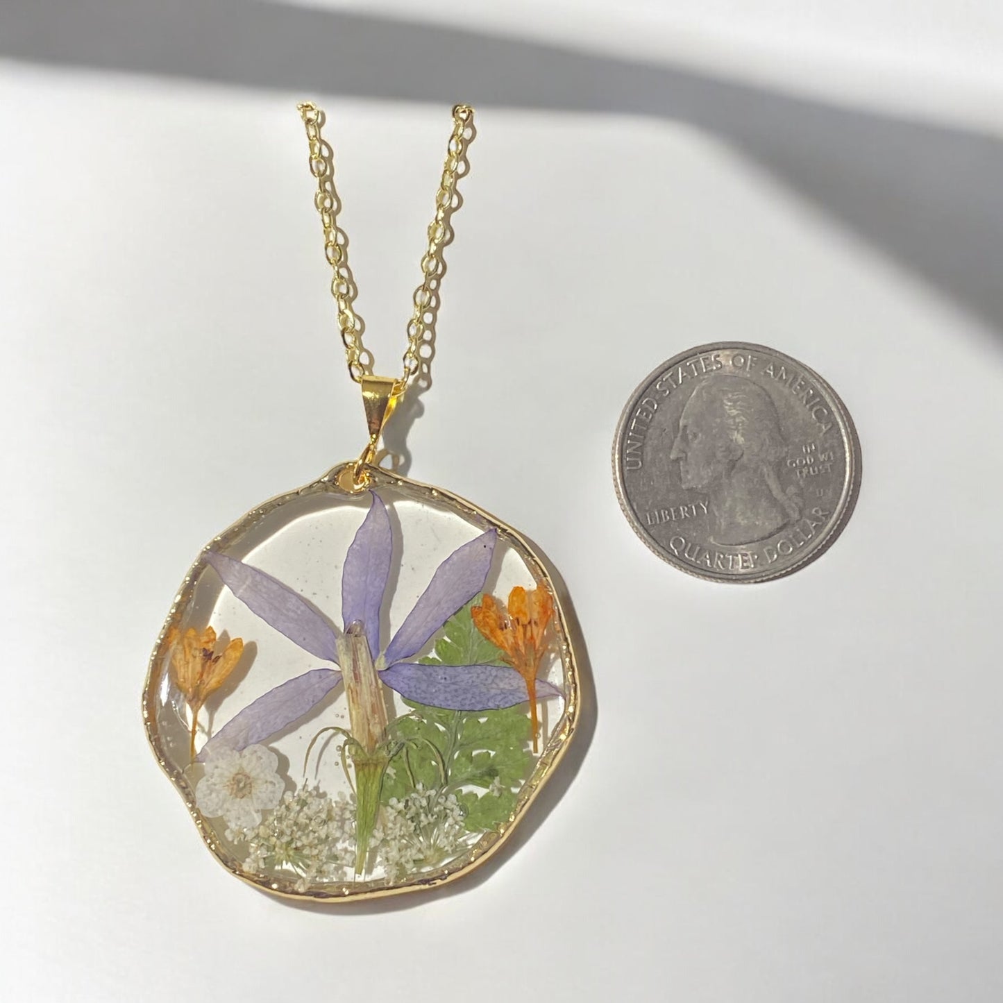 Eastern Bluestar with Orange Wild Flowers, White Plum Blossom, Dry Pressed Fern and Queen Anne’s Lace