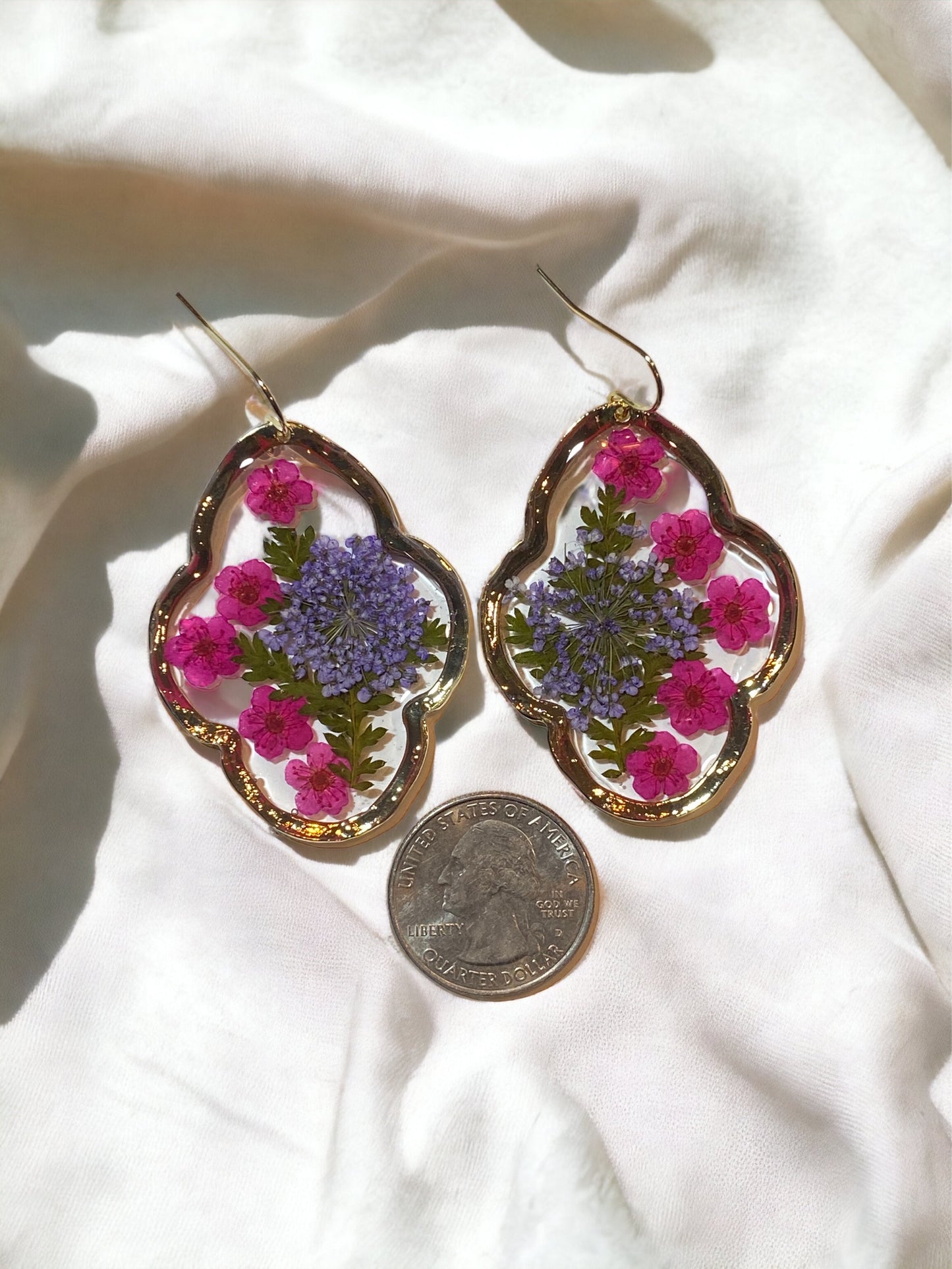 Purple Queen Anne’s Lace with Pink Plum Blossom Flower Earrings