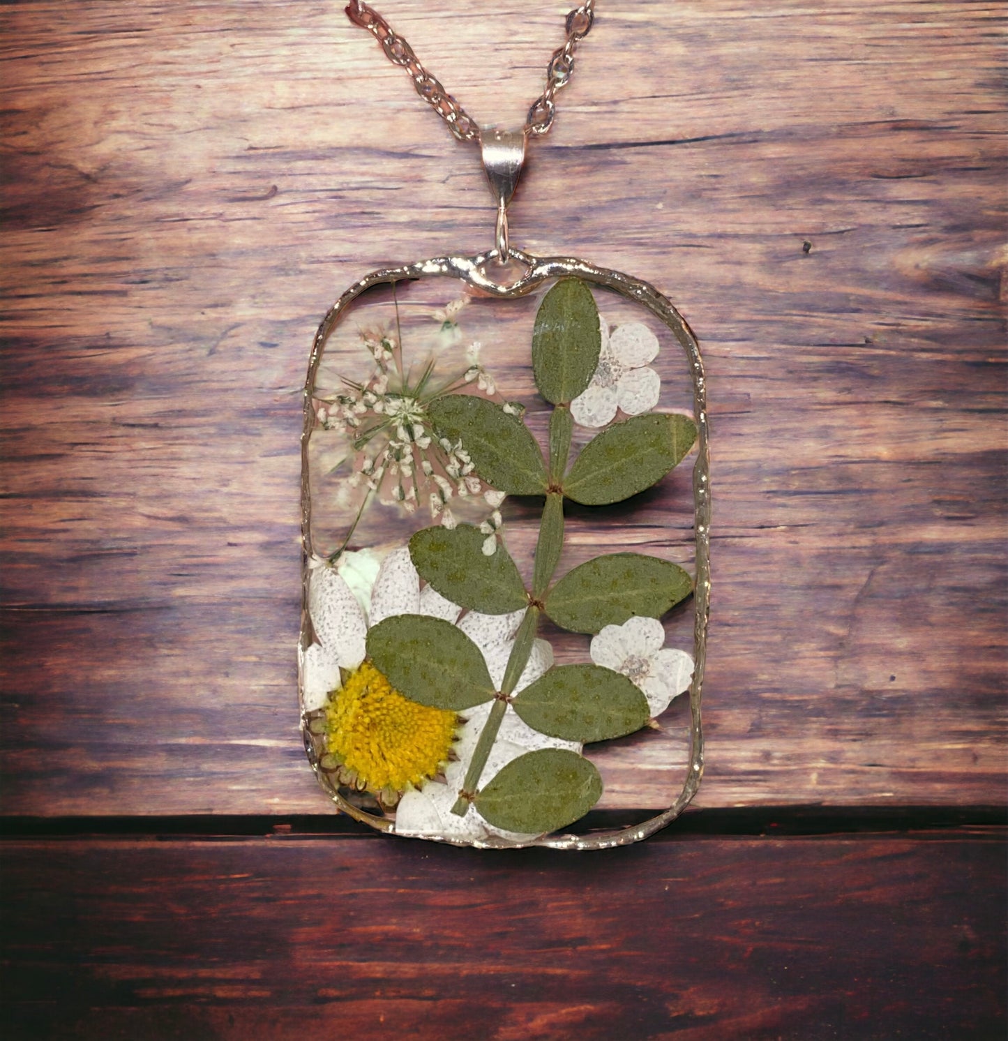 White Plum Blossoms with Dry pressed Leaves, Daisy and Queens Anne’s Lace Necklace
