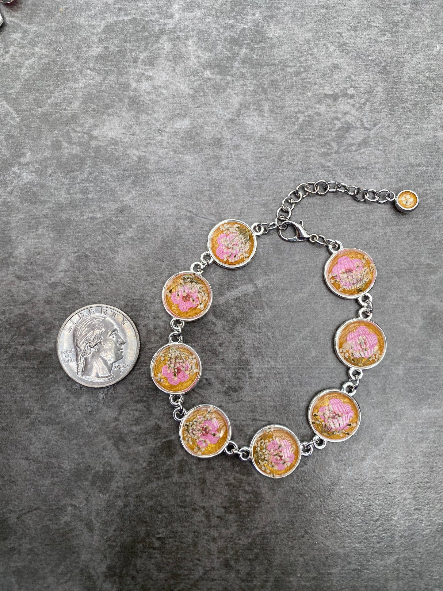 Gold Mica Powder with Pink Plum Blossoms and pieces of Queen Anne’s Lace