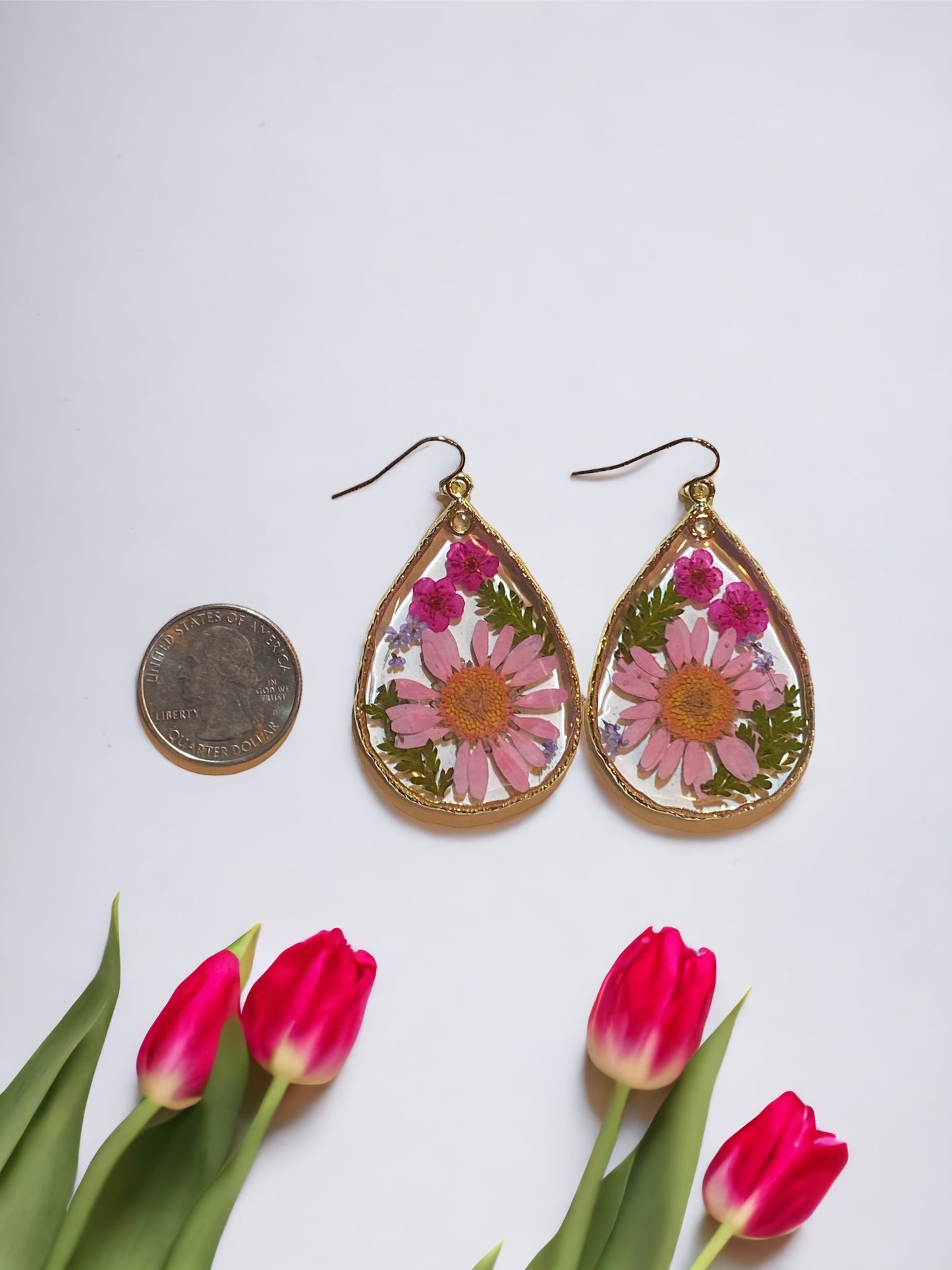 Pink Daisies with Purple Plum Blossom Flower Earrings
