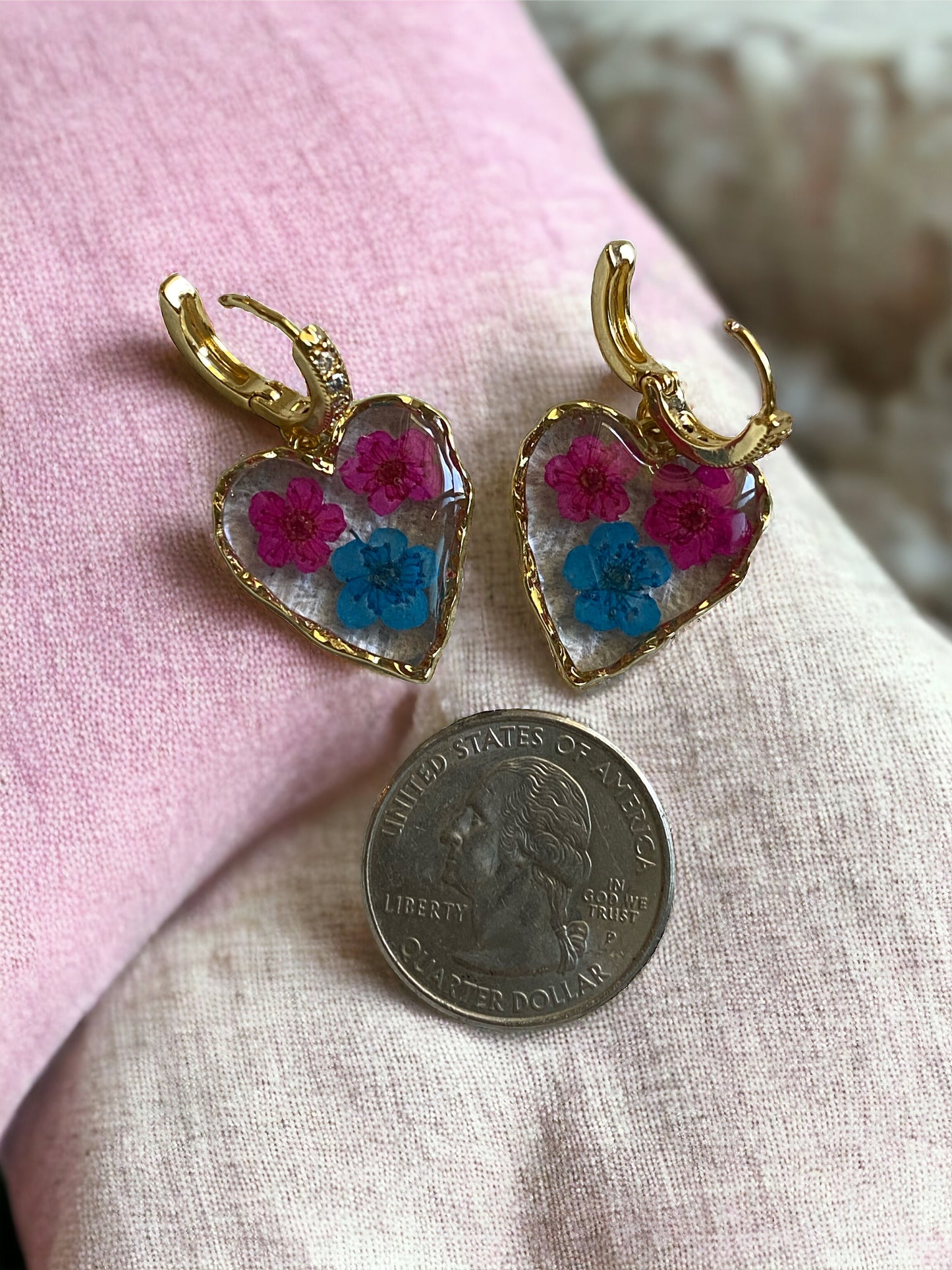 Hot Pink and Blue Plum Blossom Flower Earrings