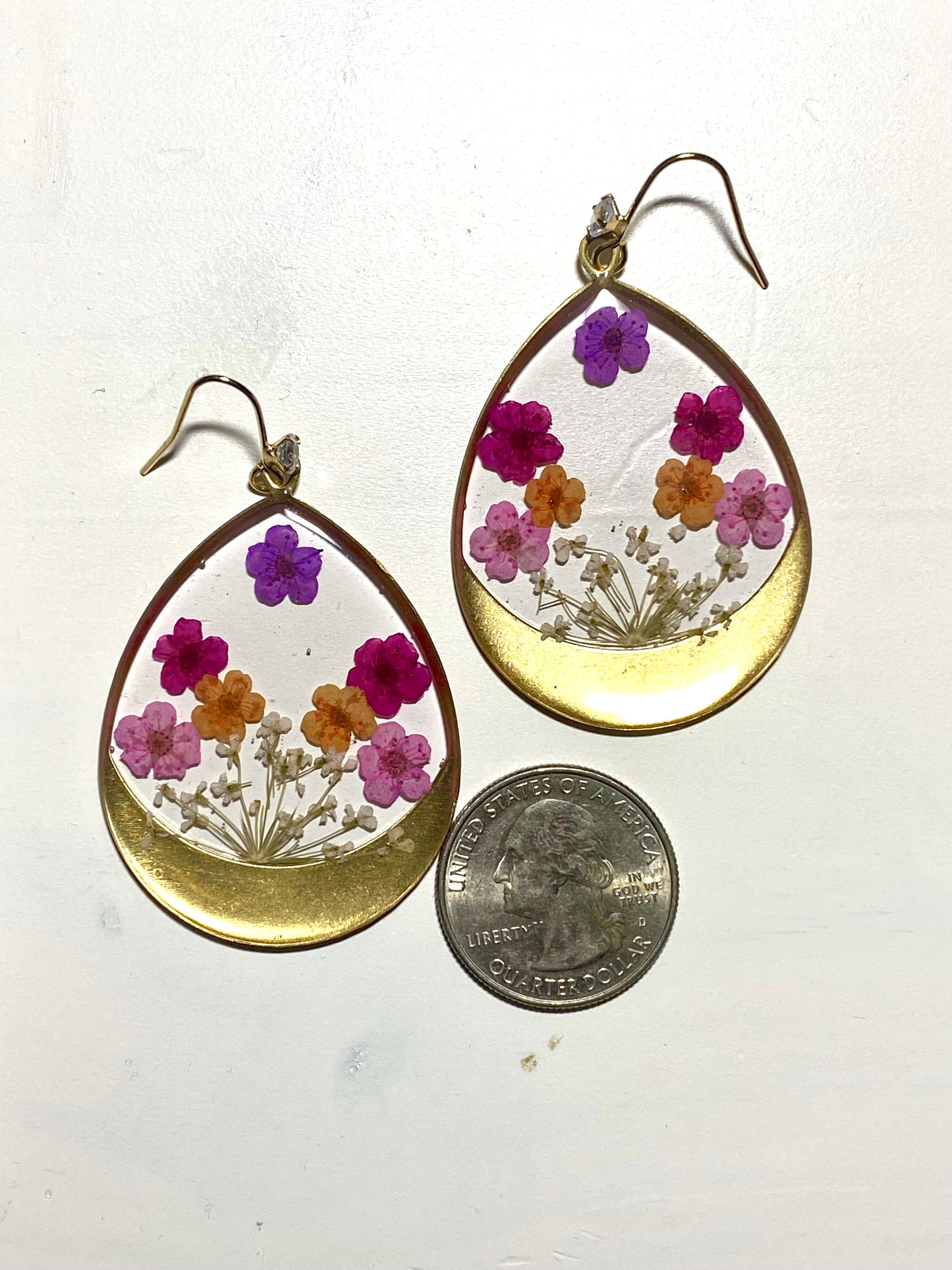 Purple, Orange, Hot and Light Pink Plum Blossom Flowers with Queen Anne’s Lace Earrings
