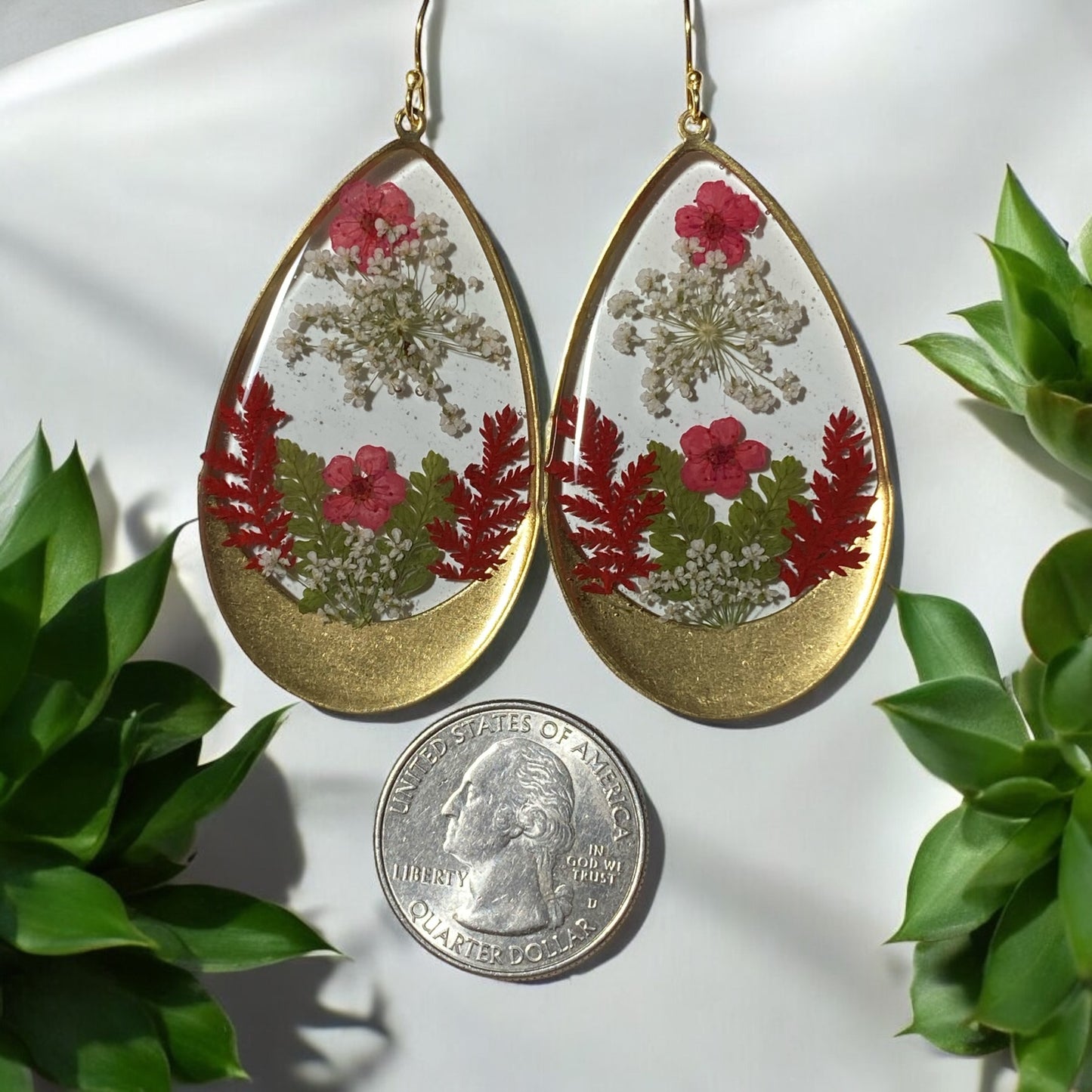 Red Plum Blossoms with Red and Green Dry Pressed Fern and Queen Anne’s Lace