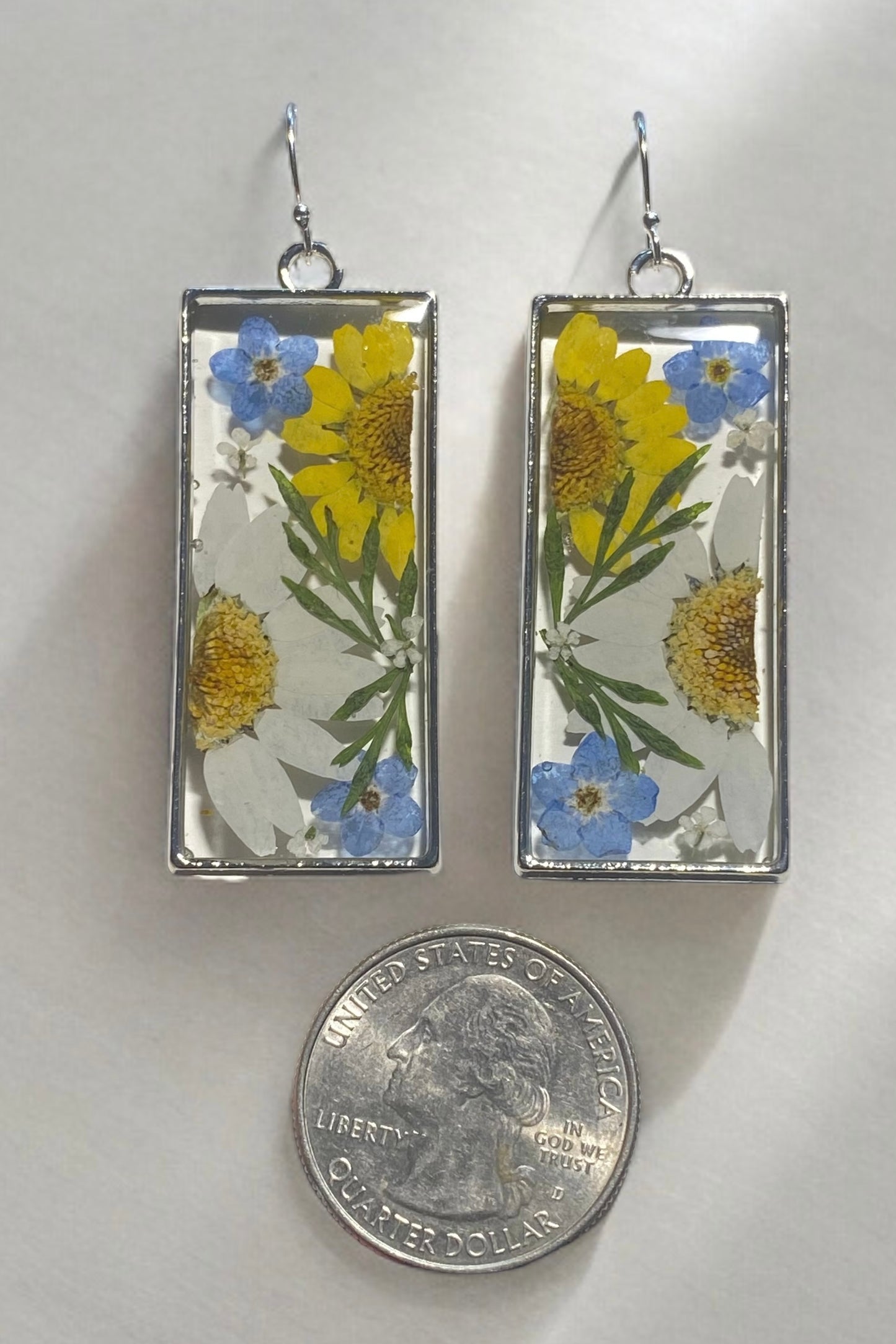 Yellow and White Daisies, Dry Pressed Leaves, Blue Forget-Me-Not Flowers with Queen Anne’s Lace Earrings
