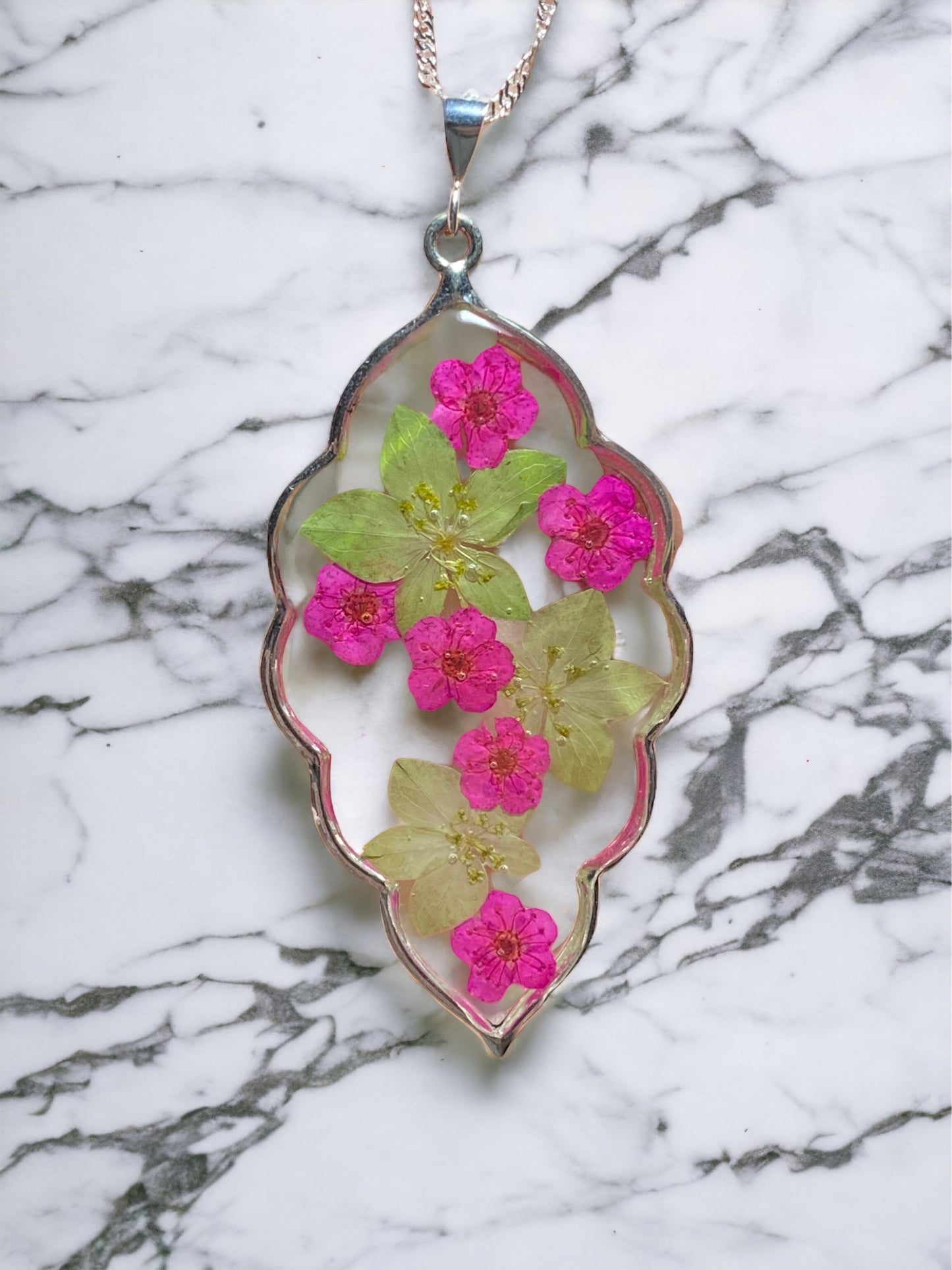 Dry Pressed Euphorbia Helioscopia and Pink Plum Blossom Flower Necklace