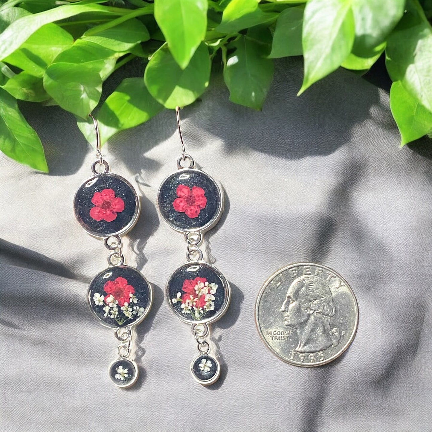 Black Colored Mica Powder Dangle Earrings with Pear Plum Blossoms and Queen Anne’s Lace