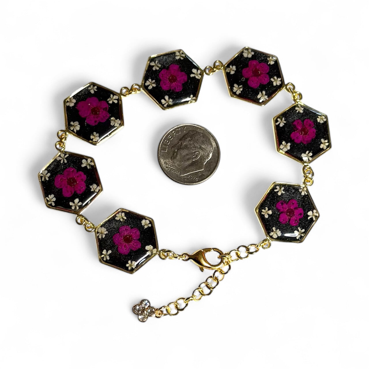 Gold Colored Bracelet with Hot Pink Plum Blossoms and pieces of Queen Anne’s Lace