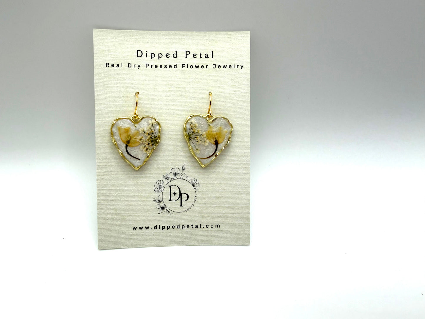 Heart Shaped Earrings with Opal Colored Mica Powder, Lily of the Valley and Queen Anne’s Lace