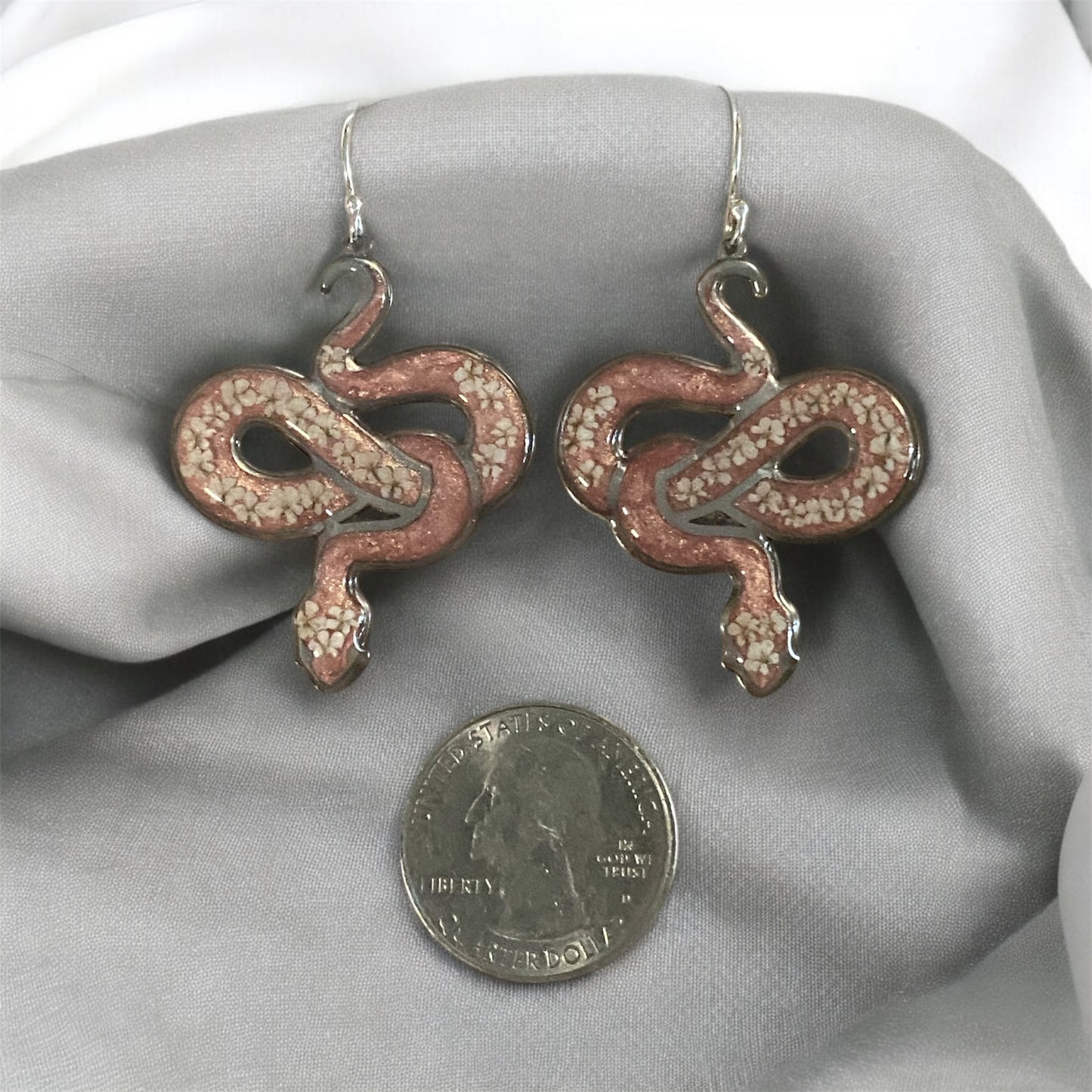 Snake Bezels with Dry Pressed pieces of Queen Anne’s Lace with Coral/Pink Mica Powder