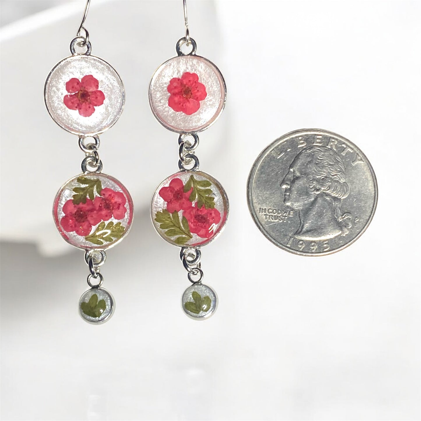 White/Opal Colored Mica Powder Dangle Earrings with Red Plum Blossoms and Fern
