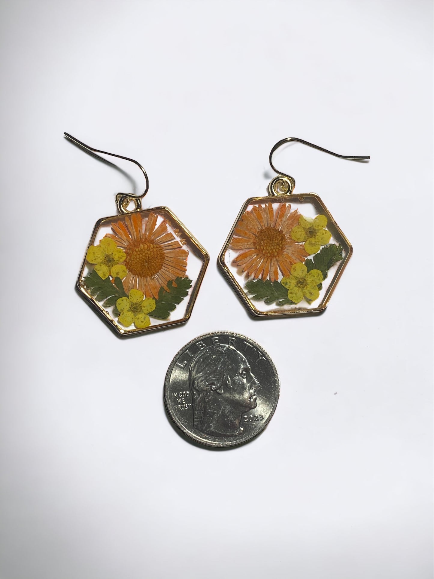 Orange Needle Chrysanthemum and Yellow Plum Blossoms with dried Fern Earrings