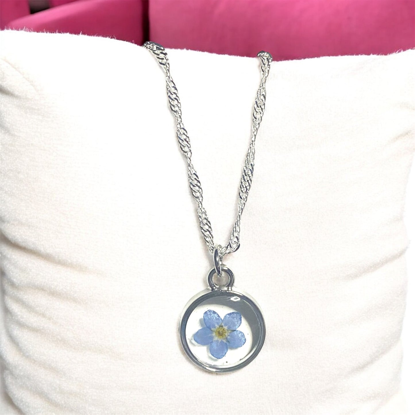 Silver Colored Dainty Necklace with Blue Forget-Me-Not