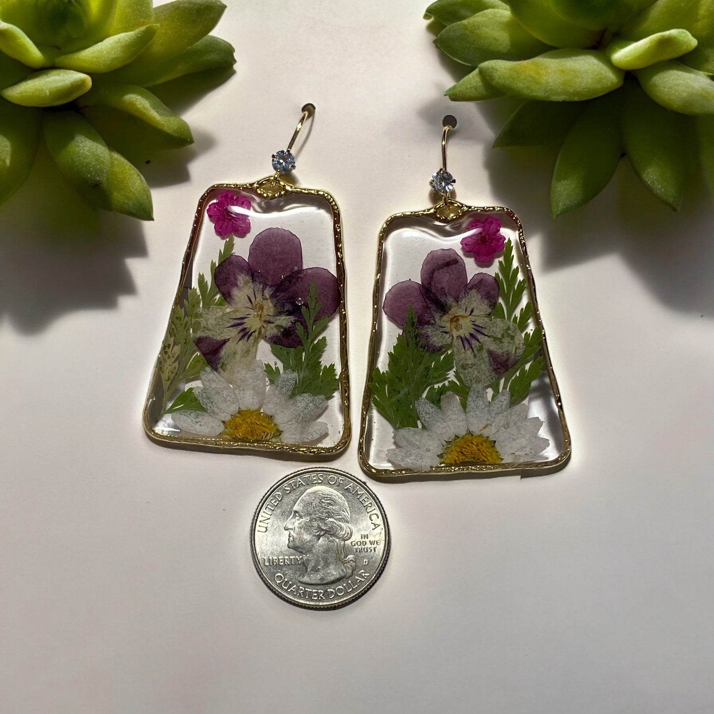 Yellow Daisy Flower with Pansies, Fern and Plum Blossom Flower Earrings